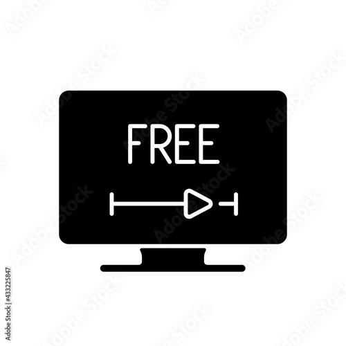 Free video streaming black glyph icon. Watching unlimited movies without paying. Shows, news, podcasts free usage. No subscription fees. Silhouette symbol on white space. Vector isolated illustration