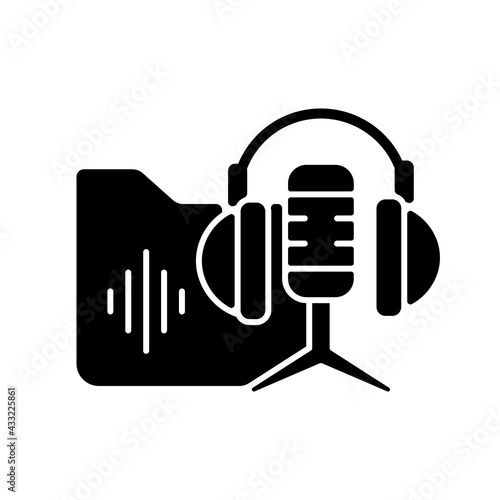 Podcasts library black glyph icon. On-demand audio content series. For entertainment and education purposes. Audiobooks and songs. Silhouette symbol on white space. Vector isolated illustration