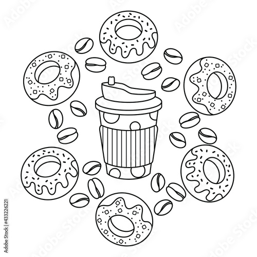 Coloring book. Thermocup, donuts, and coffee beans. Takeaway coffee, breakfast Doodle Elements Vector Illustration