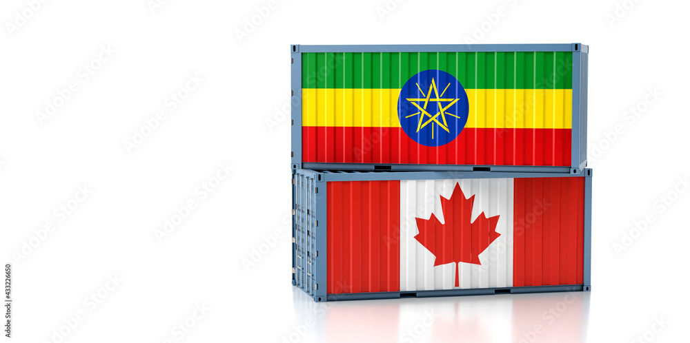 Fototapeta premium Two freight container with Ethiopia and Canada flag. Copy space on the left side - 3D Rendering