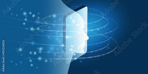 Futuristic Machine Learning, Artificial Intelligence, Cloud Computing, Automated Support Assistance and Networks Design Concept with 3D Robot or Human Face Silhouette and Mobile Phone