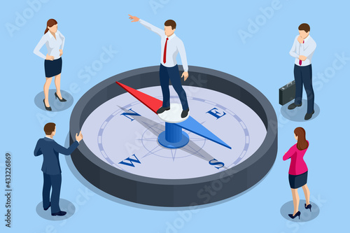 Isometric define marketing direction and search customer global network. Business people using compass for navigation and orientation in business. Business success concept