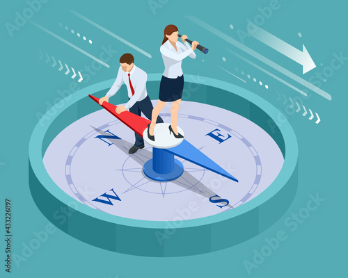 Isometric define marketing direction and search customer global network. Business people using compass for navigation and orientation in business. Business success concept