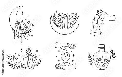 Vector set with celestial set of boho style hand drawn mystic elements. Stars, crystals, hands, esoteric icons, half moon, starburst, love potion bottle