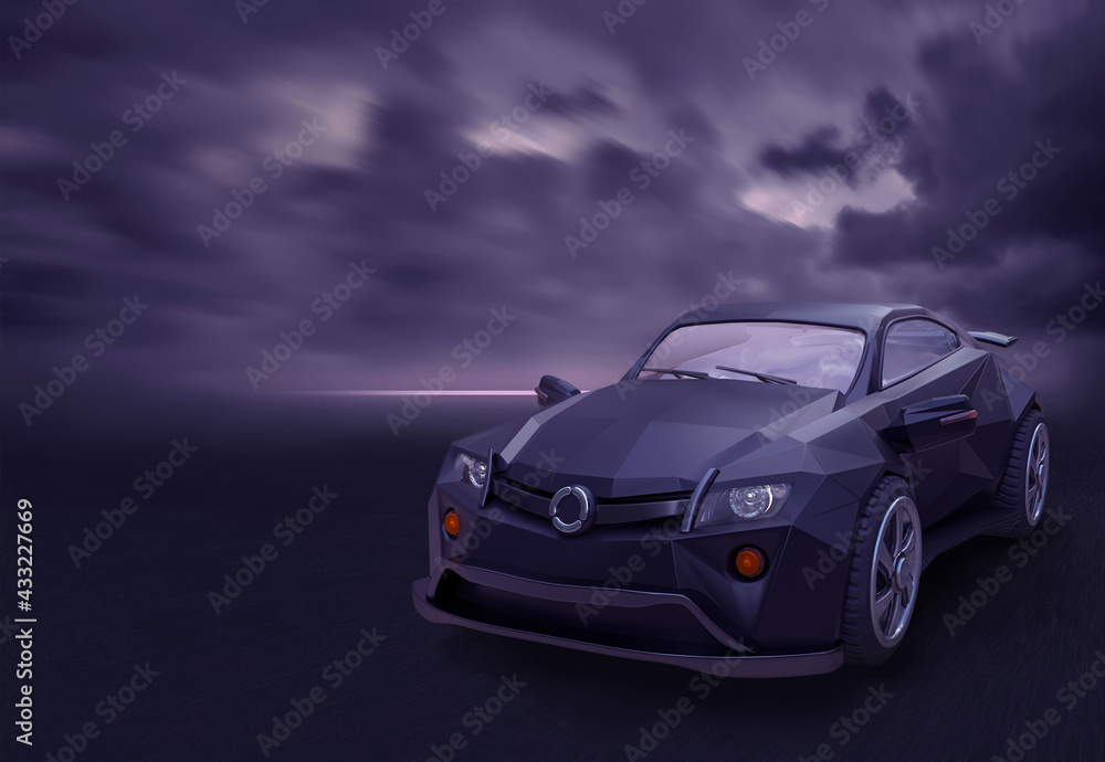 A passenger car with a polygonal body and an original design, stands against the dark sky. 3D illustration