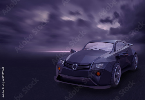 A passenger car with a polygonal body and an original design, stands against the dark sky. 3D illustration © cubart