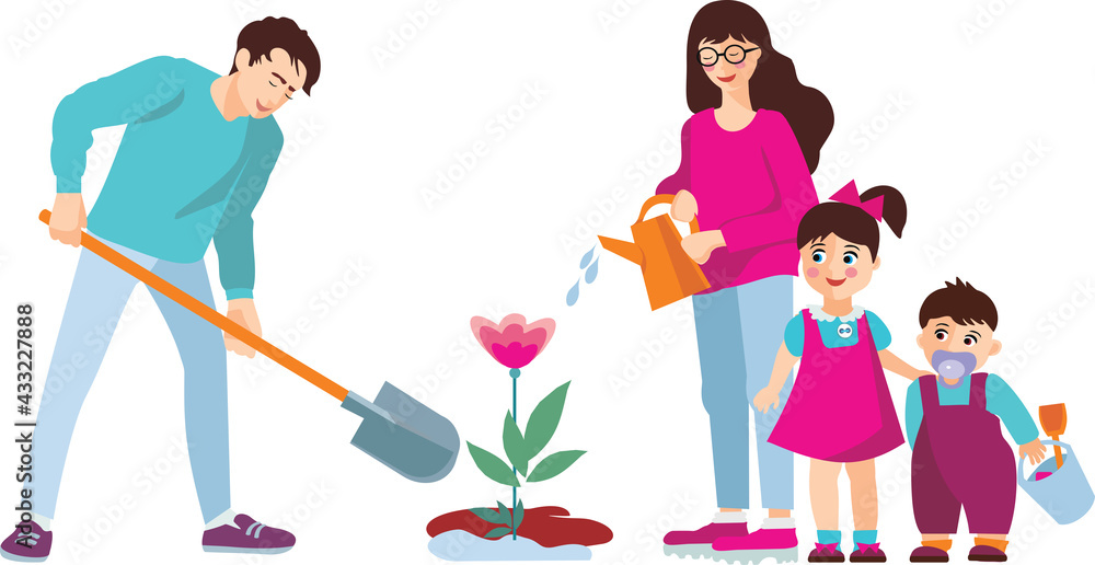 Fototapeta premium A happy family plants a flower.