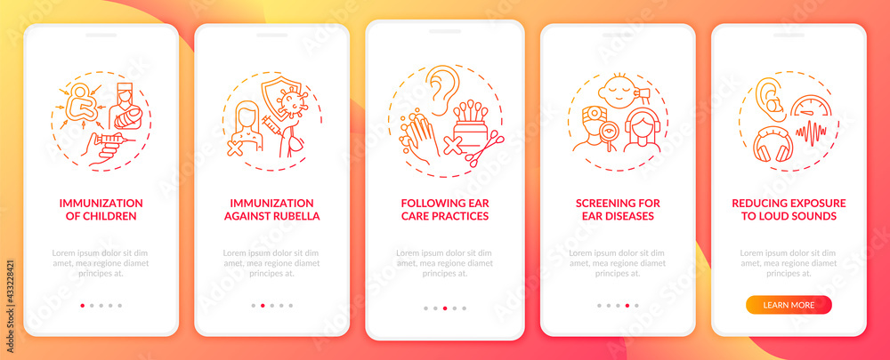 Hearing disorder prevention onboarding mobile app page screen with concepts. Screening for disease walkthrough 5 steps graphic instructions. UI, UX, GUI vector template with linear color illustrations