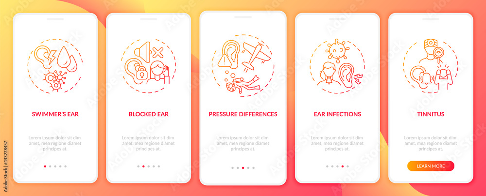 Common ear conditions onboarding mobile app page screen with concepts. Pressure differences walkthrough 5 steps graphic instructions. UI, UX, GUI vector template with linear color illustrations