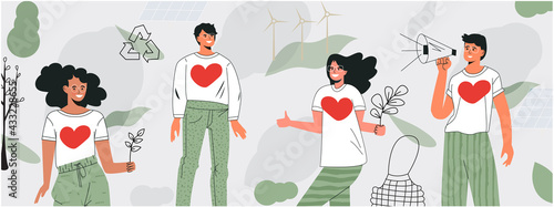 Volunteering community concept. Banner for International volunteer day. Care for environment, green mind. Active diverse people doing social charity activities. Flat vector cartoon illustration