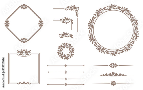 Set of decorative borders. Floral frames and text separators. Round and square ornaments. Design elements for invitations and holiday cards.