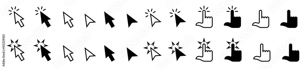 Pointer cursor сomputer mouse icon. Clicking cursor, pointing hand clicks icons. Click cursor. Vector illustration. Pointer cursor сomputer mouse icon. Clicking cursor, pointing hand clicks icons. Click cursor. Vector illustration.