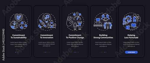 Company core ethics onboarding mobile app page screen with concepts. Positive changes walkthrough 5 steps graphic instructions. UI, UX, GUI vector template with linear night mode illustrations