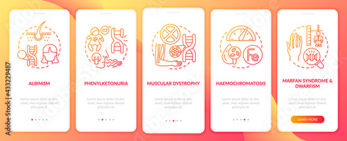 Most common genetic disorders red onboarding mobile app page screen with concepts. Illness walkthrough 5 steps graphic instructions. UI, UX, GUI vector template with linear color illustrations
