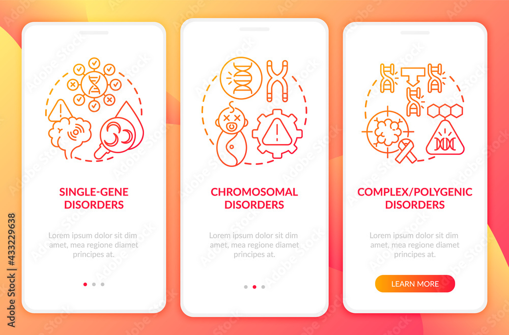 Types of genetic disorders red onboarding mobile app page screen with ...