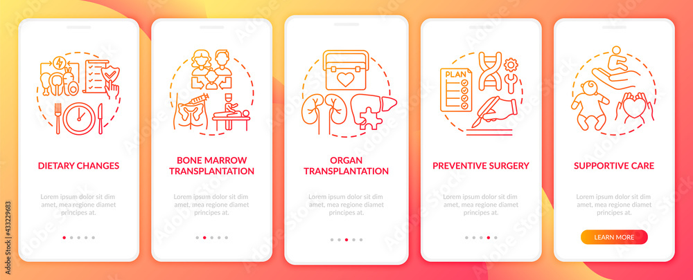 Genetic diseases treatment red onboarding mobile app page screen with concepts. Healthcare walkthrough 5 steps graphic instructions. UI, UX, GUI vector template with linear color illustrations