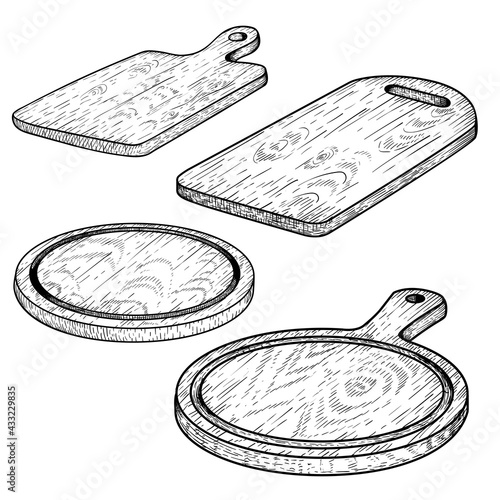 Hand drawn cutting wooden boards set. Sketch style kitchen utensils. Round and rectangular, with handle. Vector illustrations vintage collection.