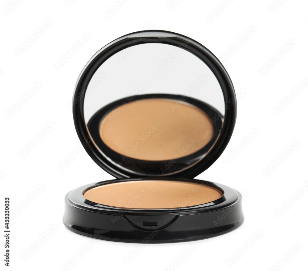 Black pocket powder with mirror isolated on white. Cosmetic product Black pocket powder with mirror isolated on white. Cosmetic product