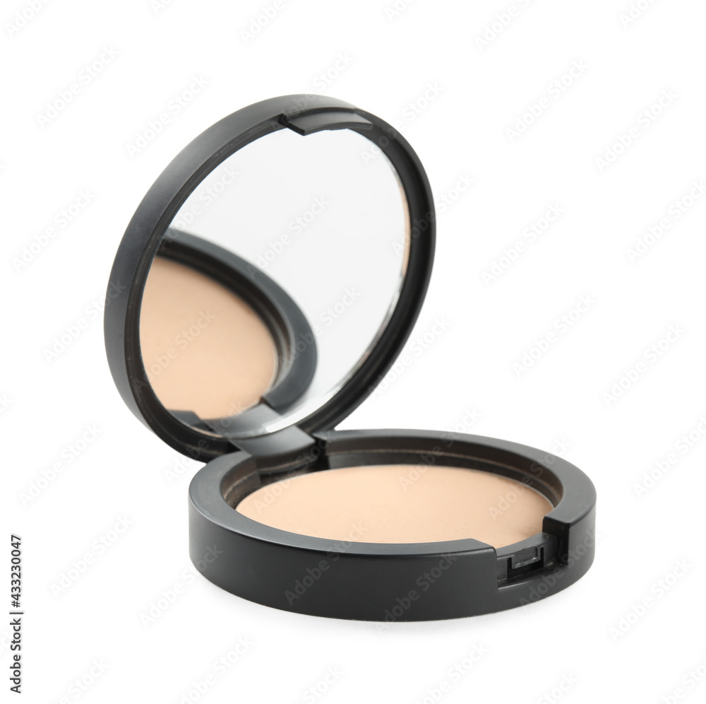 Black pocket powder with mirror isolated on white. Cosmetic product Black pocket powder with mirror isolated on white. Cosmetic product