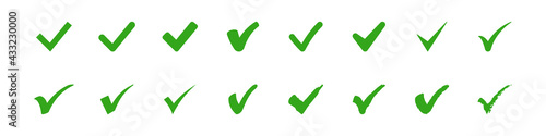 Set of check mark icons. Green vector symbols.