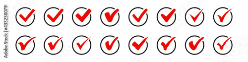 Set of check mark in circle icons. Black vector symbols.