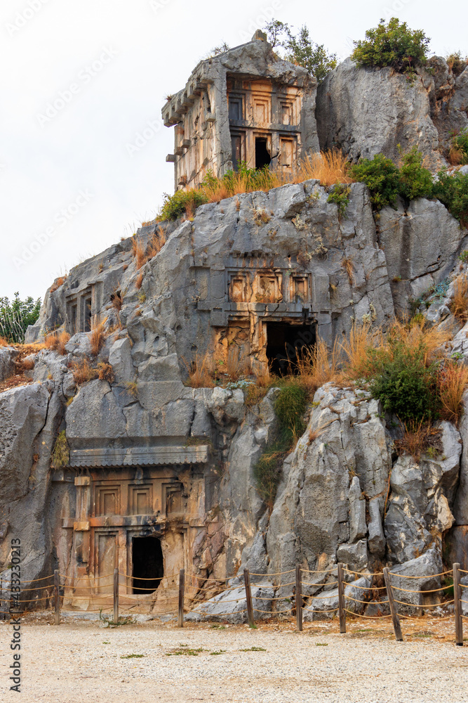 Rock-cut tombs of Lycian necropolis of the ancient city of Myra in Demre, Antalya province in Turkey Rock-cut tombs of Lycian necropolis of the ancient city of Myra in Demre, Antalya province in Turkey
