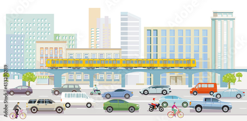Große Stadt mit Straßenverkehr und Metro vor Gebäuden, Illustration