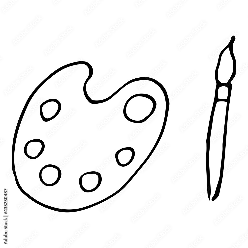 Palette and brush set of objects for drawing, black icon, flat vector illustration Palette and brush set of objects for drawing, black icon, flat vector illustration