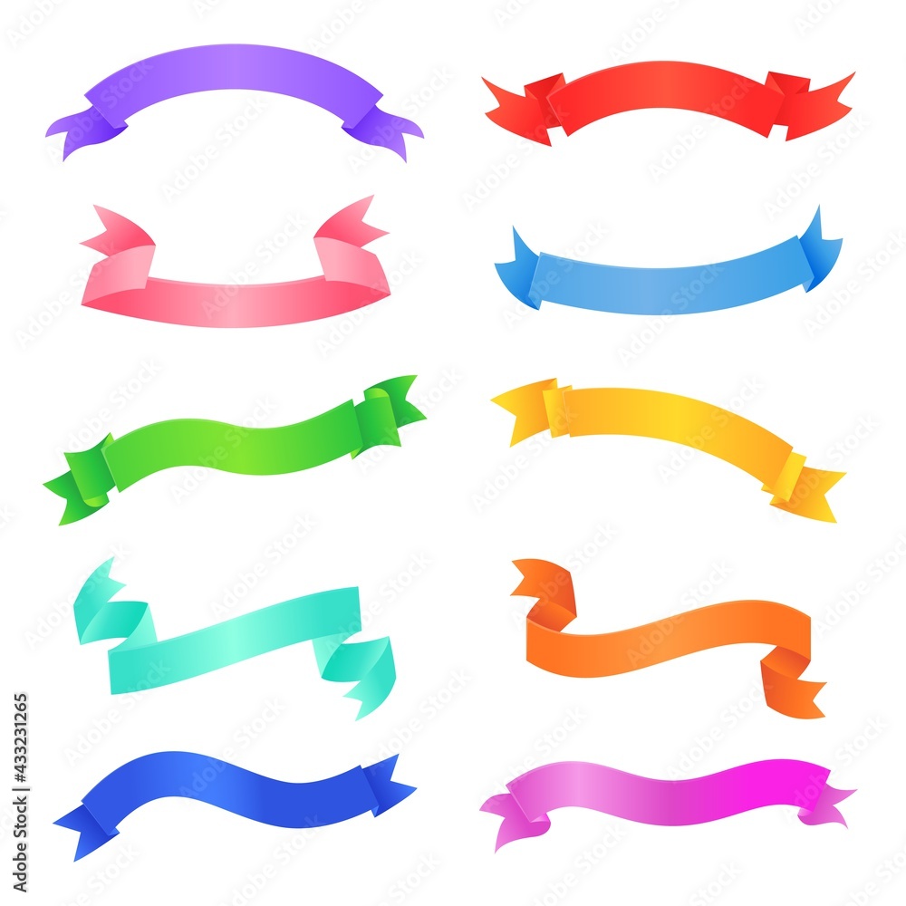 Set of colorful ribbons. Can be used for holiday greeting design, sale labels or special tag elements. Stock vector illustration in flat cartoon style isolated on white background