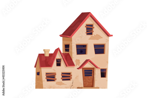 Old abandoned house, building in cartoon style isolated on white background. Broken property, wooden doors and windows with holes.