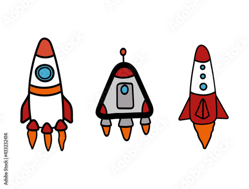 Set of isolated colored rockets drawn by hand. Vector illustration.