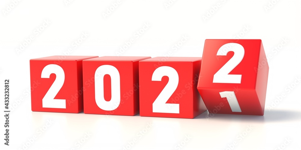 2022 new year change red cubes turning isolated on white background. 3d illustration 2022 new year change red cubes turning isolated on white background. 3d illustration