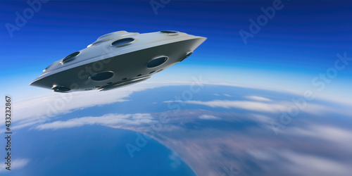 UFO on blue sky background over planet earth. 3d illustration