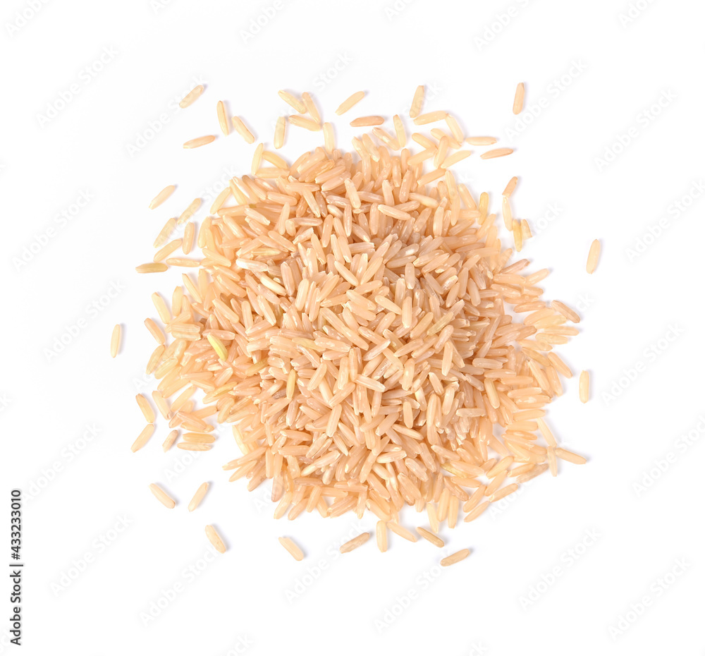 Brown rice isolated on white background. Top view.