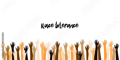 Raised Up Hands in Different Skin Colors. Refugees, Race Tolerance.