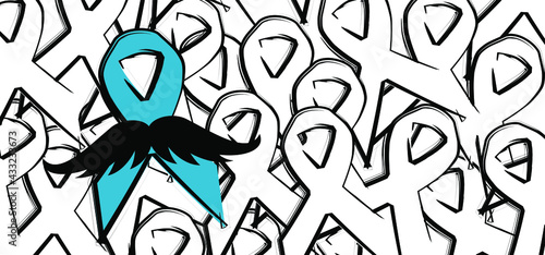 Awareness blue ribbon with mustache for No shave or shaving, medical symbol for prostate cancer month in november. 
