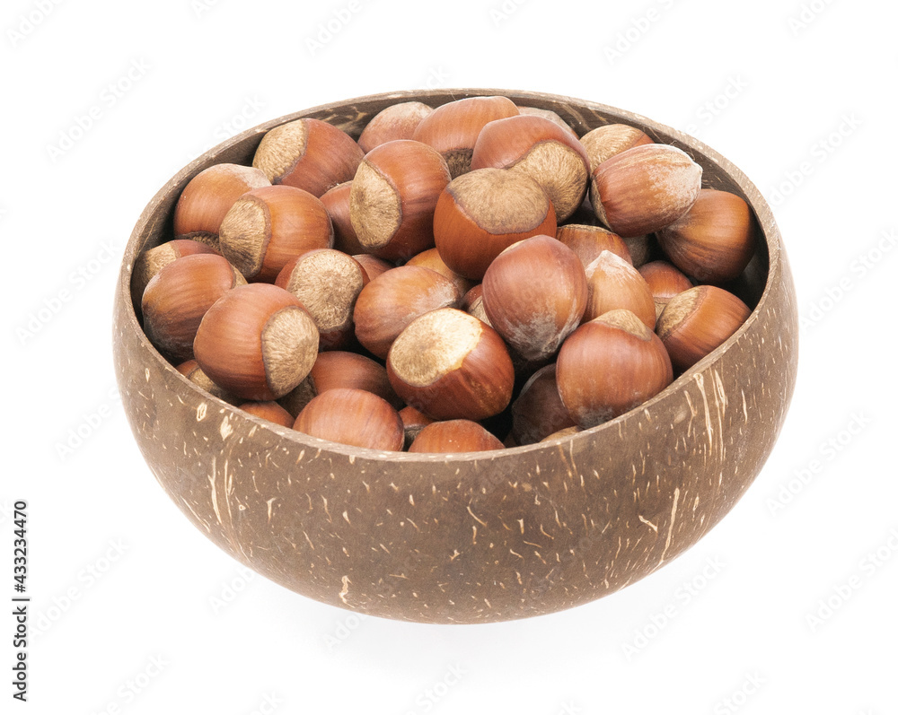 Unpeeled hazelnuts in a cup isolated on white background. hazelnuts in shell Unpeeled hazelnuts in a cup isolated on white background. hazelnuts in shell