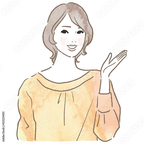 案内をする若い女性の水彩イラスト