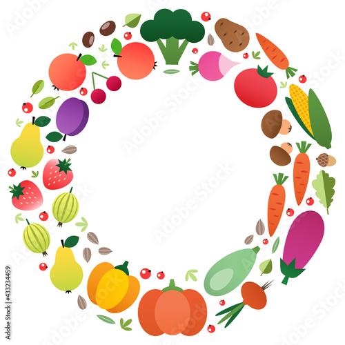 Organic food background. Colorful circle frame made of vegetables and fruits drawn in a flat style. Blank space for your text included. Vector 10 EPS.
