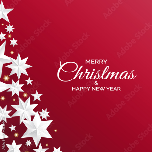Christmas tree made of silver stars on red background. Creative christmas greeting card