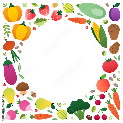 Organic food background. Colorful circle frame made of vegetables and fruits drawn in a flat style. Blank space for your text included. Vector 10 EPS.