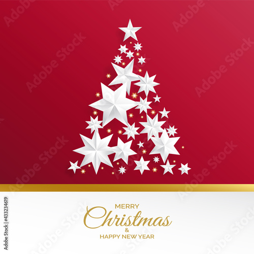 Christmas tree made of silver stars on red background. Creative christmas greeting card
