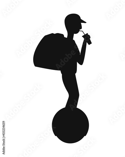 Delivery of goods, pizza, silhouette of a man, rides fast on a monowheel, fast delivery, driving without obstacles, modern form of transportation, delivery. Vector illustration