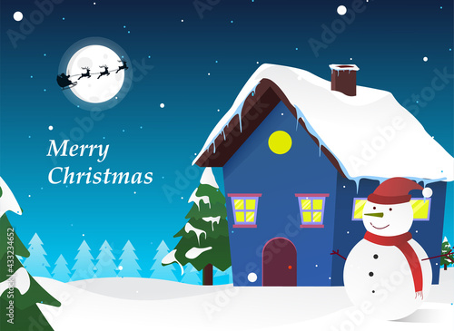 Flat snowy Christmas landscape at night. a house and christmas tree 