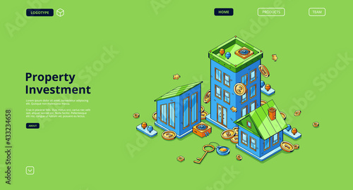 Property investment banner. Financial strategy of invest in real estate, purchase residential buildings and apartments. Vector landing page with isometric houses, money and key