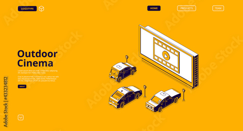 Outdoor cinema banner. Drive-in movie theater with cars on open air parking. Vector landing page of street auto cinema with isometric illustration of big screen and automobiles