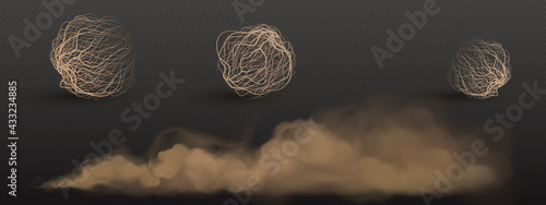 Brown dust clouds and tumbleweed, dry weed balls isolated on transparent background. Vector realistic set of flow desert sand and rolling dry bushes, dead plants, old tumble grass in prairie