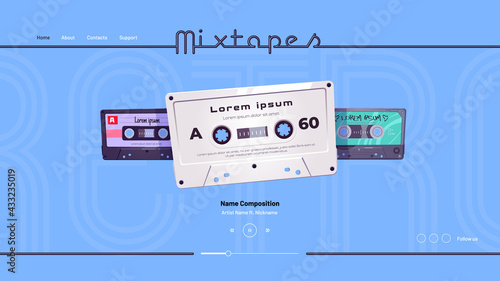 Mixtapes cartoon landing page, audio record player online interface or mobile application with retro cassettes, mix tapes disco, multimedia storage, service for listening music, Vector web banner