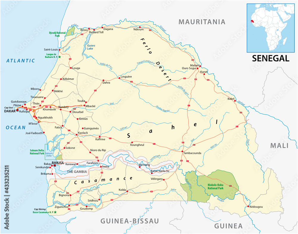 vector road map of the West African state of Senegal 