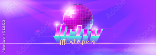 Retro mixtape dance banner with disco ball. Club party with music of 80s and 90s. Vector landing page with cartoon illustration of nightclub illuminated by spotlights